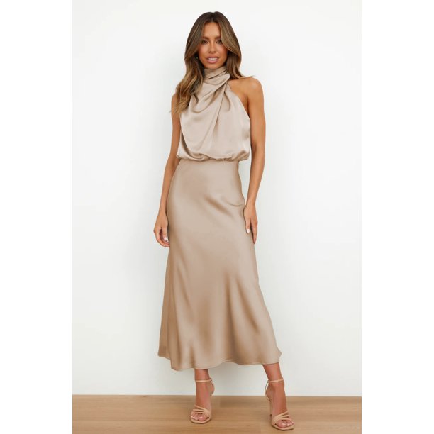 Vestido de satén para mujer con cuello elegante Vestido elegante para mujer Vestido de noche ligero