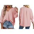 thumbnail image 2 of Women Blouses Dressy Casual V Neck 3/4 Length Sleeve Womens Tops with Smocked Cuffs Pink XL, 2 of 6