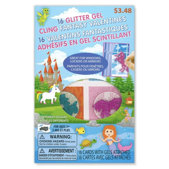 Mello Smello 16CT Glitter Gel Cling Fantasy Valentines Kiddie Cards