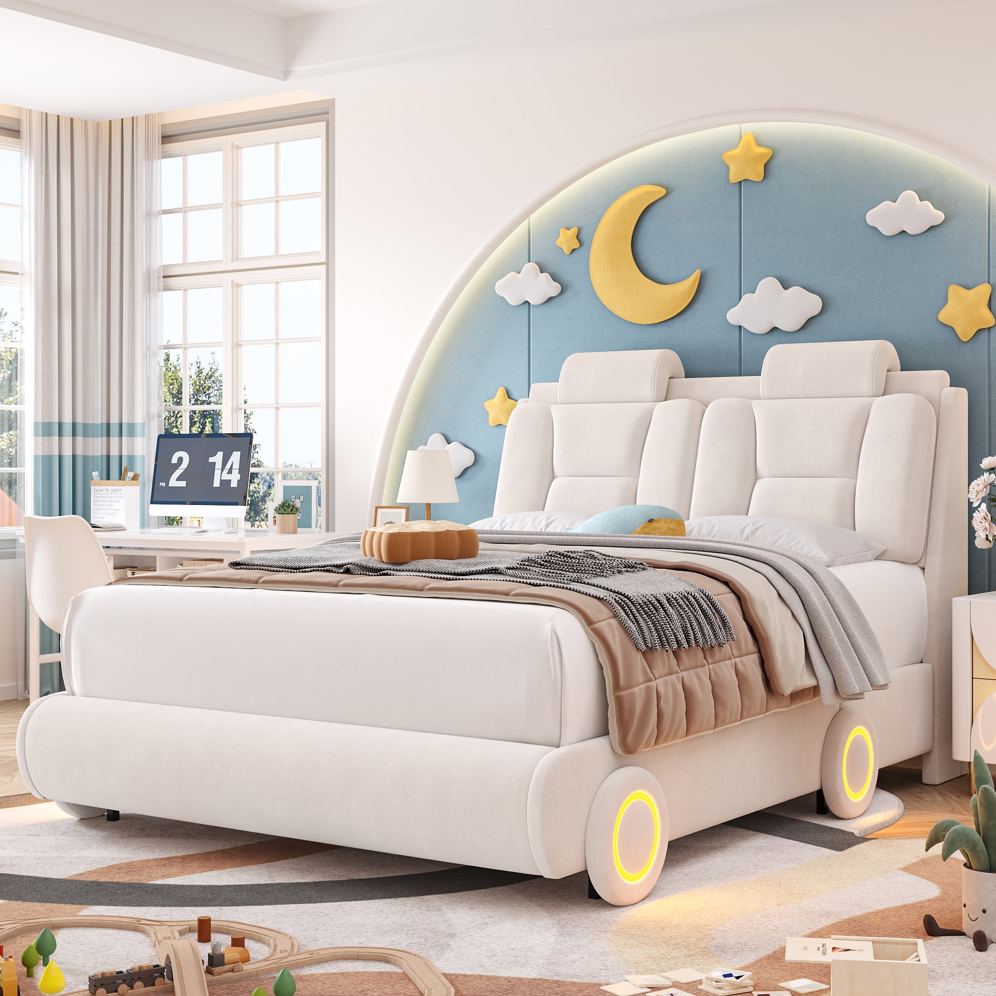 Homfa Full Size Car Bed Frame with LED Wheels, Velvet Upholstered Platform Bed with Adjustable Headboard and Removable Pillows, Beige