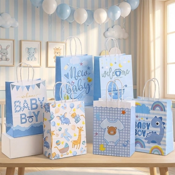 12 PCS Baby Boy Gift Bag Baby Boy Paper Bags Baby Boy Animal Dinosaur Paper Boy Goodie Bags Baby Shower Gift Bags