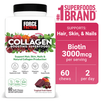 Vegan Collagen Boosting Superfoods with Biotin, Hair, Skin, and Nails Supplement, Tropical Fruit Flavor, 60 Chews by Force Factor