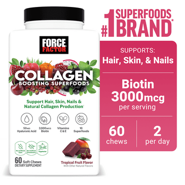 Vegan Collagen Boosting Superfoods with Biotin, Hair, Skin, and Nails Supplement, Tropical Fruit Flavor, 60 Chews by Force Factor