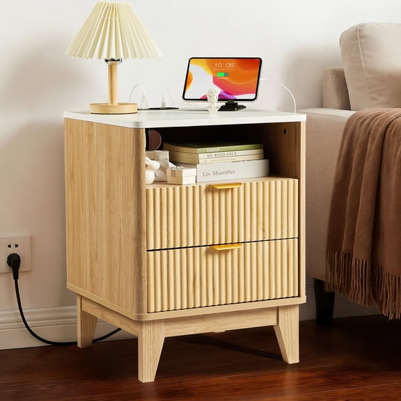 Nightstand, Bedside Table 18" Small with Charging Station - Faux Marble Top, 2 Drawer Oak Curved for Bedroom Living Room, Modern