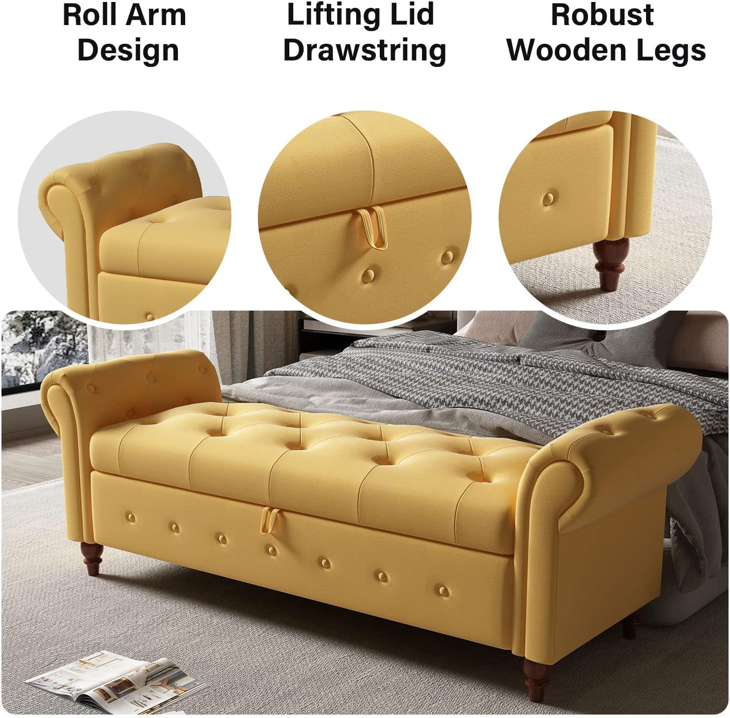 Miniyam 63" Storage Ottoman Bench with Rolled Arms, Button Tufted End of Bed Bench for Bedroom, Yellow