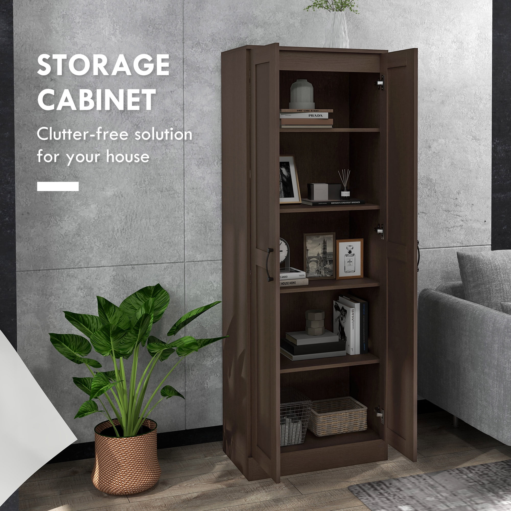 HOMCOM Storage Cabinet, Adjustable Shelves, Pantry Cupboard, Coffee