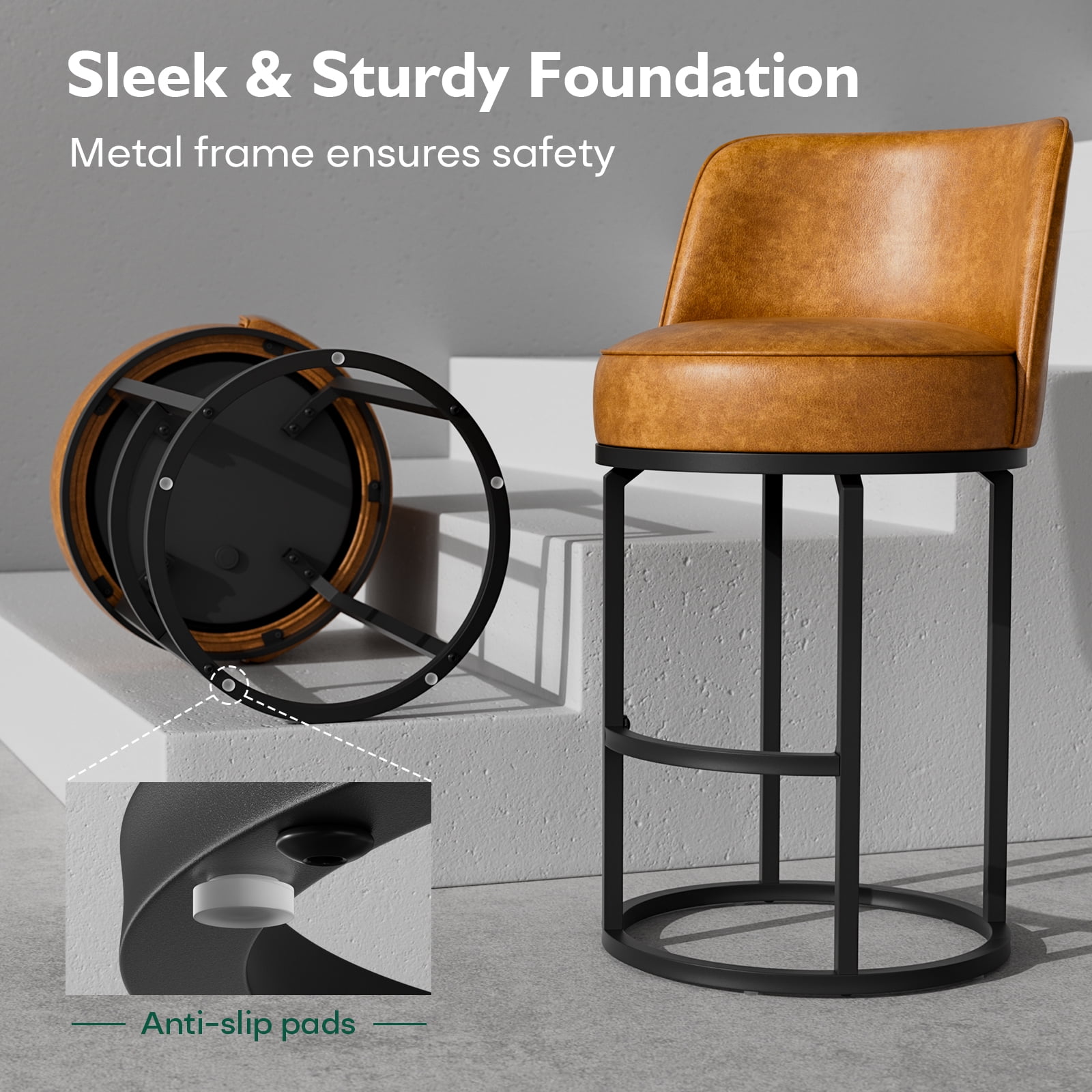 Genpo Bar Stools Set of 4, 26 inch Counter Height Bar Stools, Swivel Brown Leather Barstools with Backs, Round Base, Footrest, Metal Legs for Kitchen Island