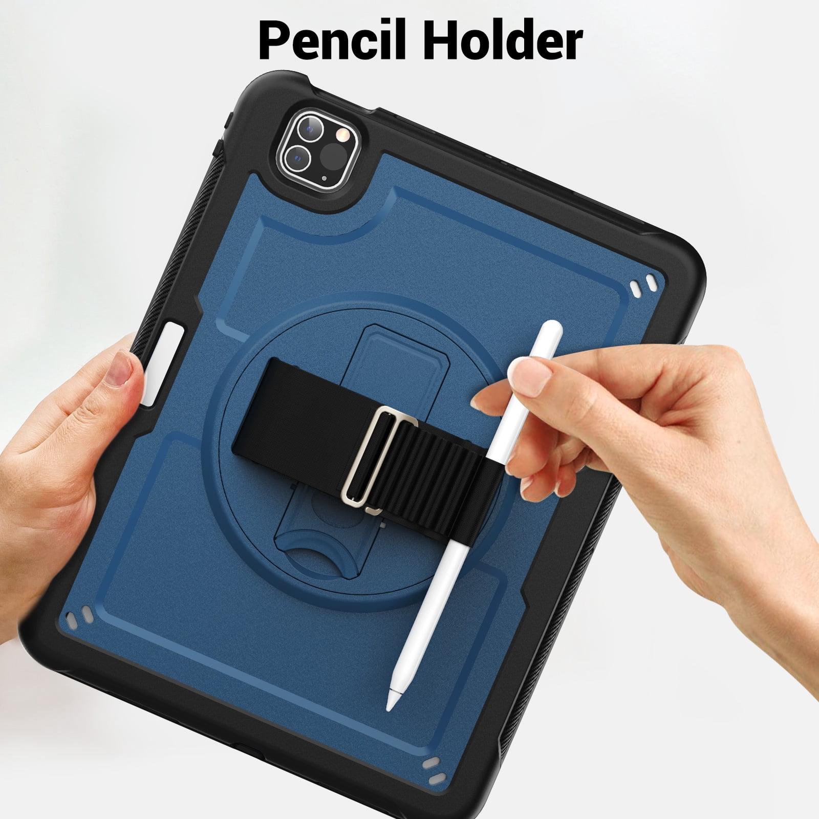 ELEHOLD Case for Apple iPad Pro 11 2022/2021/2020/2018/air4 10.9/air5,Soft TPU Rugged Durable Case with 360° Rotating Hand Strap & Foldable Hidden Stand & Pencil Holder,Navyblue