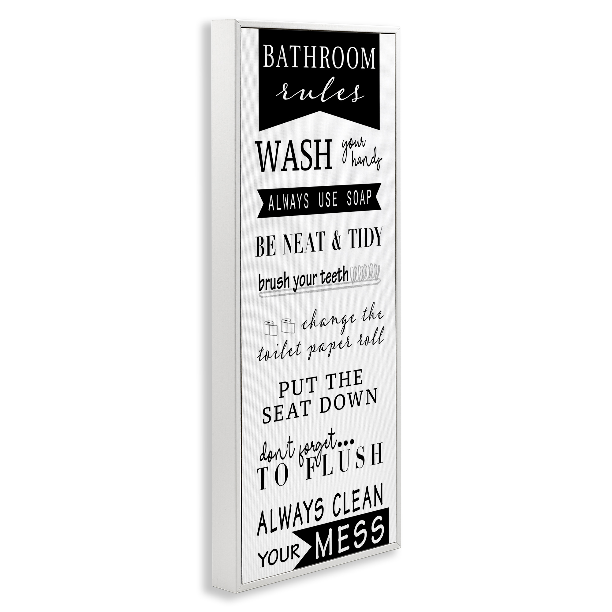 Stupell Industries Black Bathroom Rules Typography Painting White Framed Art Print Wall Art, 13 x 30