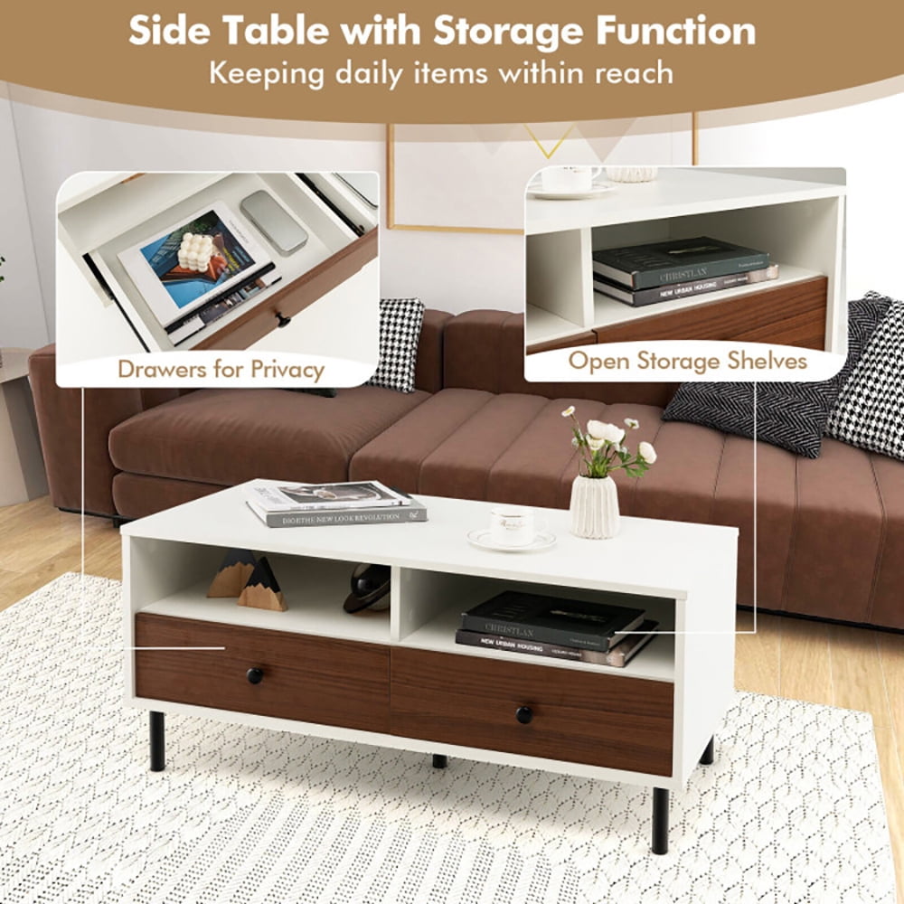 Finihen Coffee Table, Rectangular Coffee Table, 2 Tier 40 Inch Length Modern Rectangle Coffee Table with Storage Shelf and Drawers, for Living Room, Reception Room, Office, White Finihen Coffee Table, Rectangular Coffee Table, 2 Tier 40 Inch Length Modern Rectangle Coffee Table with Storage Shelf and Drawers, for Living Room, Reception Room, Office, White