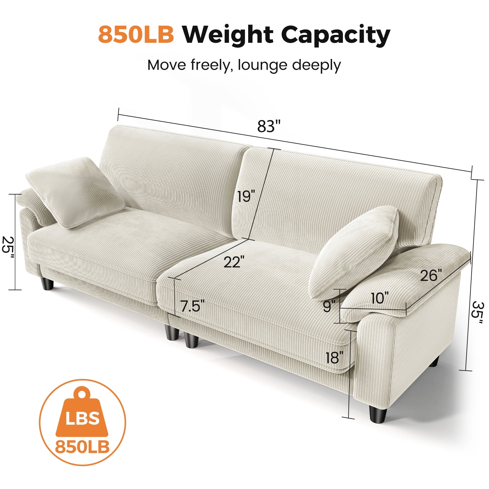 Patbrela 83" Corduroy Sofa, Loveseat Sofa with Extra Deep Seat Couches, Comfy Upholstered Couch for Living Room, No Assembly with 2 Pillows, Beige