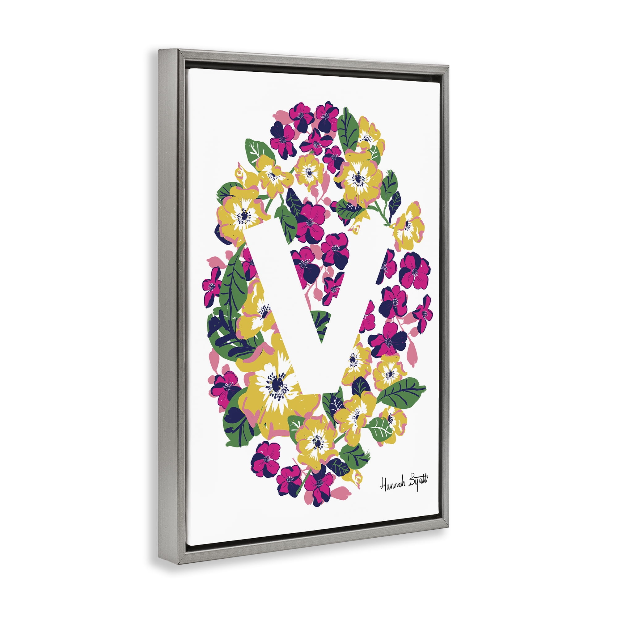 Stupell Industries Floral Bloom Letter V Botanical & Floral Painting Gray Floater Framed Art Print Wall Art, 17 x 25