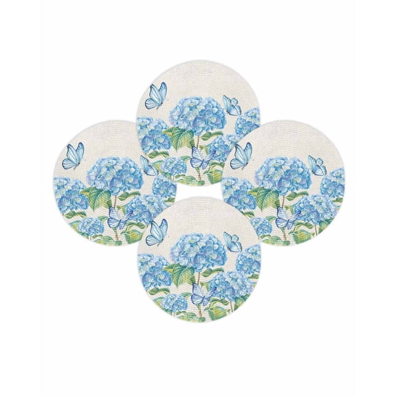 Round Placemats Set of 4 Hydrangea Flower Place Mats Washable Woven Placemat Summer Blue Butterfly Linen Circle Braided Table Mat for Kitchen Dining Table Party Home Decor 15 Inch