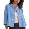 thumbnail image 2 of Summer Casual Beach Linen Blend 3/4 Sleeve Collared Double Button Tops Womens Loose Cropped Cardigan Blouses, #02 Light Blue, S, 2 of 7