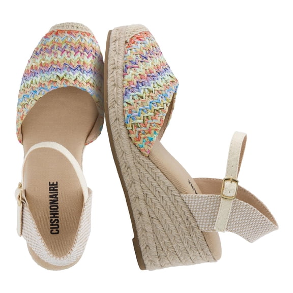 Cushionaire Tuti Platform Espadrilles for Women, Multicolor Woven Closed Toe Wedge Sandals with Adjustable Ankle Strap and Cushioned Footbed