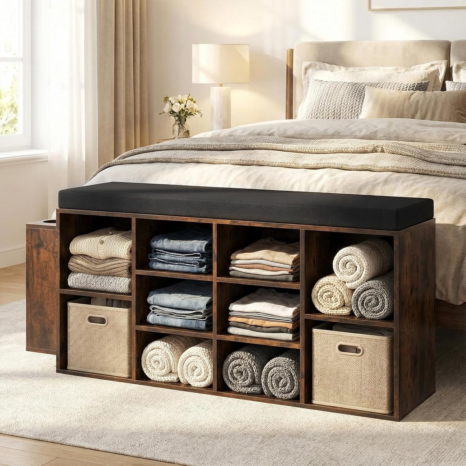 Shoe Storage Bench with Umbrella Holder, 40" Shoe Organizer with Cushioned Seat, 10 Cubbies & Adjustable Shelves, Wooden Industrial Shoe Rack for Entryway, Living Room, Bedroom