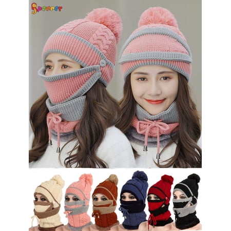 Spencer 3 in 1 Women Winter Warm Knitted Beanie Pompom Hat Cap Scarf Neck Warmer Face Cover Set for Outdoor Activities (Pink)