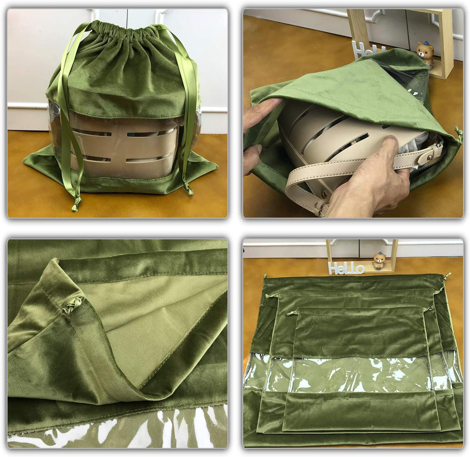 Dust Cover Storage Bags Terylene Flannel Drawstring Pouch with Clear View Window For Handbags Purses Pocketbooks Shoes Boots Set of 2 (21.6 x 19.7 in), Green