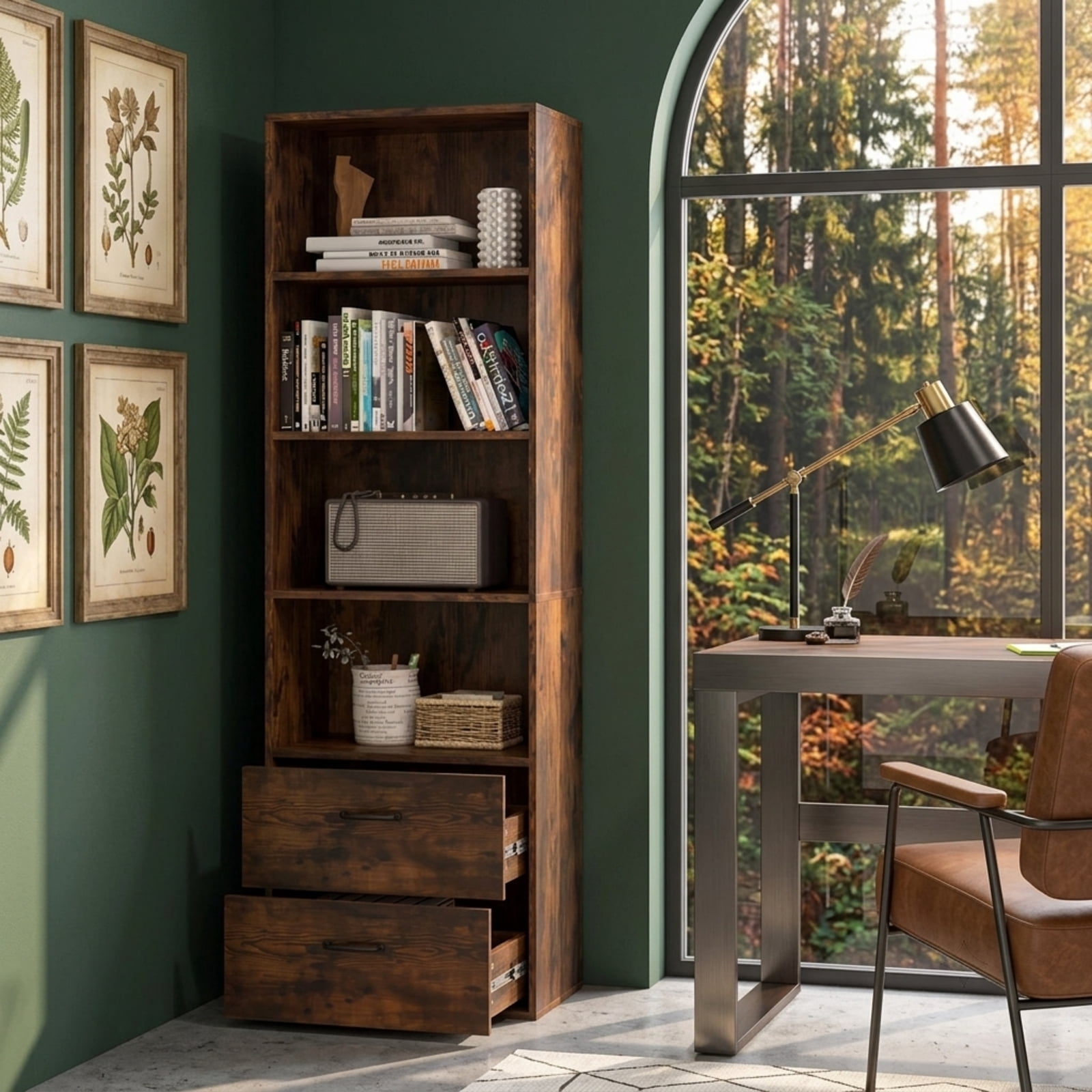 Furnibear 6-Tier Tall Freestanding Bookshelf with 4 Open Shelves and 2 Drawers for Home Office Living Room and Study, Rustic Brown