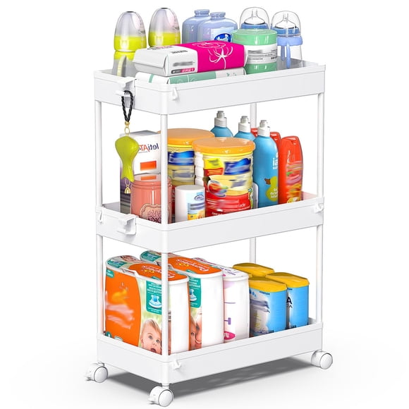Carrito rodante de almacenamiento SPACEKEEPER de 3 niveles, plástico blanco