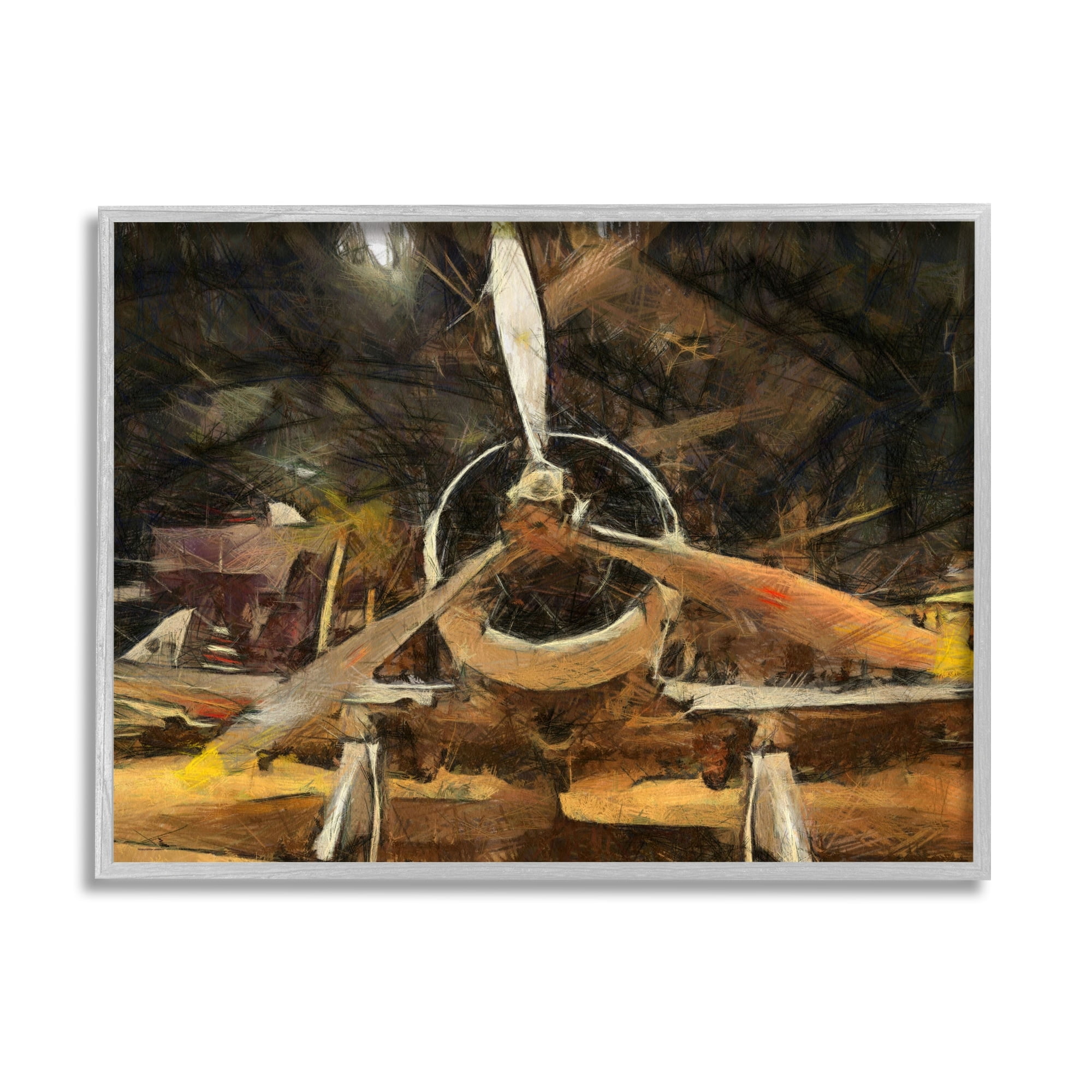 Stupell Industries Abstract Jet Plane Propeller Aircraft Hanger Scene Paintings Gray Framed Art Print Wall Art, 20x16, by Daniel Sproul