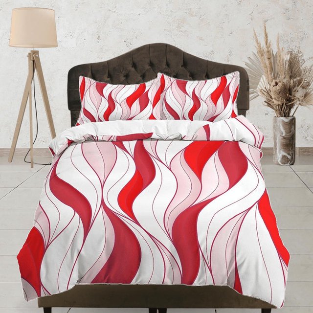 Mid Century Modern Bedroom Art Set Rojo Y Blanco Funda Nórdica, Estética Habitación
