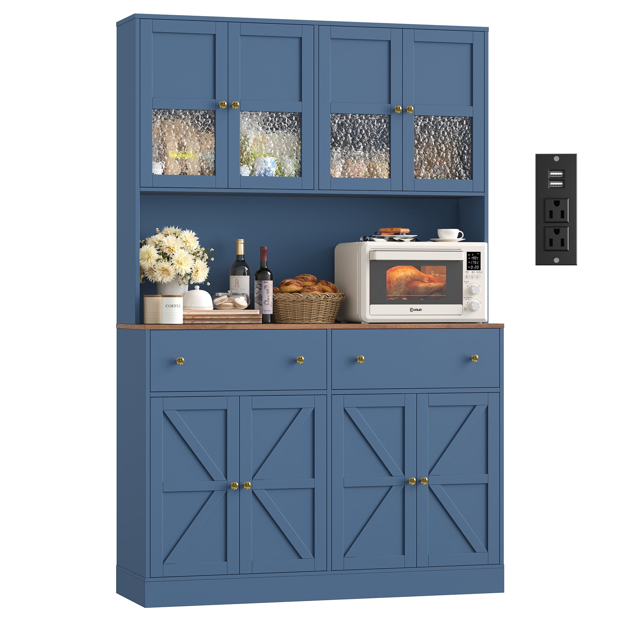 Homfa 8 Door Kitchen Pantry Cabinet with 2 Drawer, 71" LED Buffet Cabinet with & Charging Station & USB Port, Blue