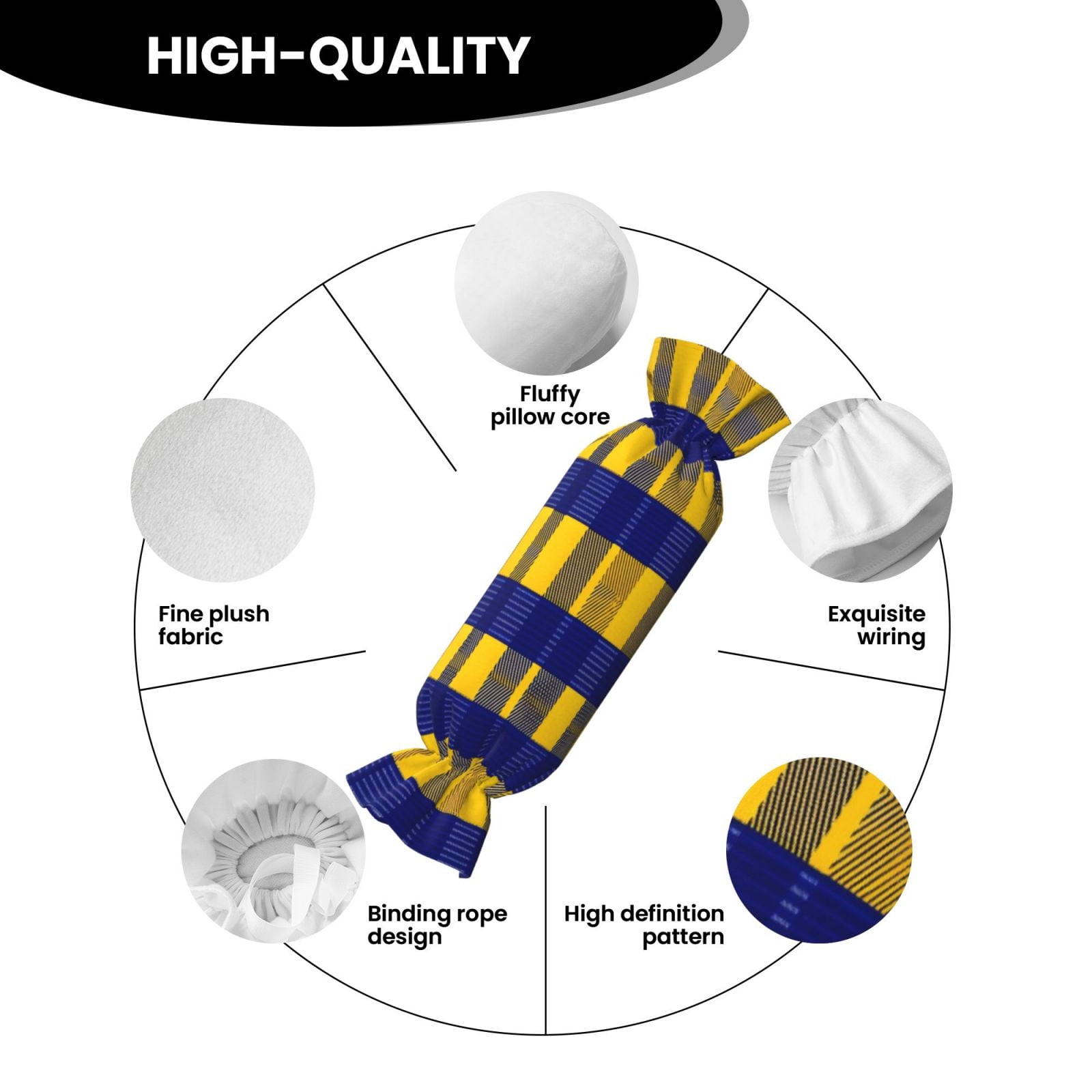 Candy Throw Pillow Travel Cervical Pillow Cylindrical Neck Body Cushion With Insert For Bed Couch Home Decor 9.8x24.4in Buffalo Plaid Check Yellow Royal Blue