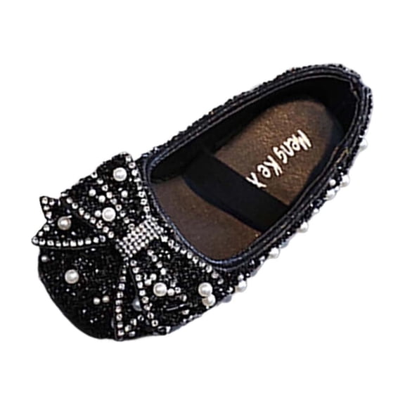 hoksml Toddler Girls Rhinestone Embellished Ballet Flats, Pearl Trim Bow Decor Shoes in Pink, Gold, Black, Silver for Little Kids