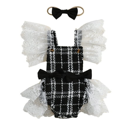 

Musuos Baby Girls Romper Lace Plaid Bow-knot Jumpsuit Overalls with Headband