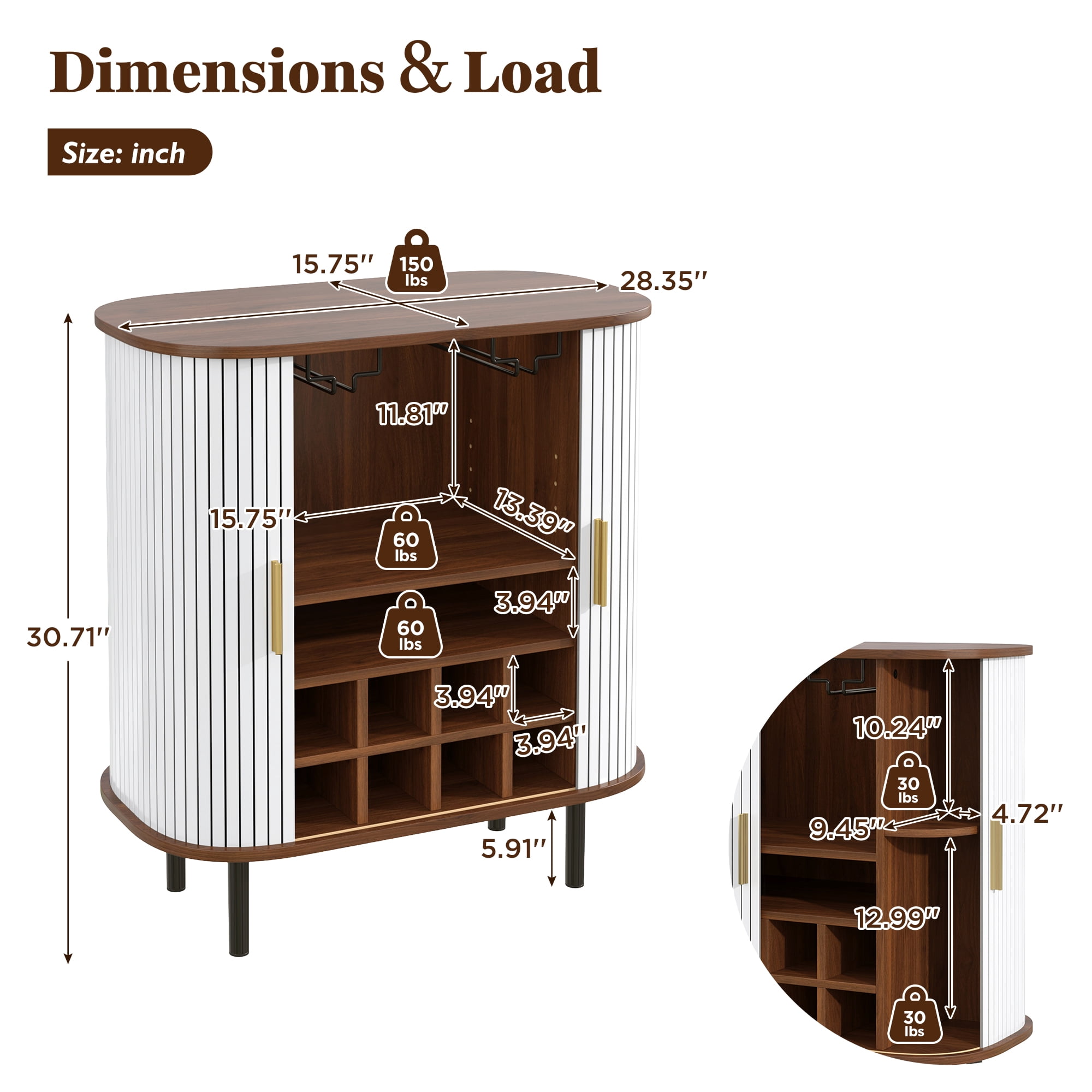 Mintazer 28" Modern Wine Bar Cabinet with Fluted Doors & Drawer, Storage Cabinet with 6 Wine Racks and 3 Glass Holders for Kitchen Living Room, White