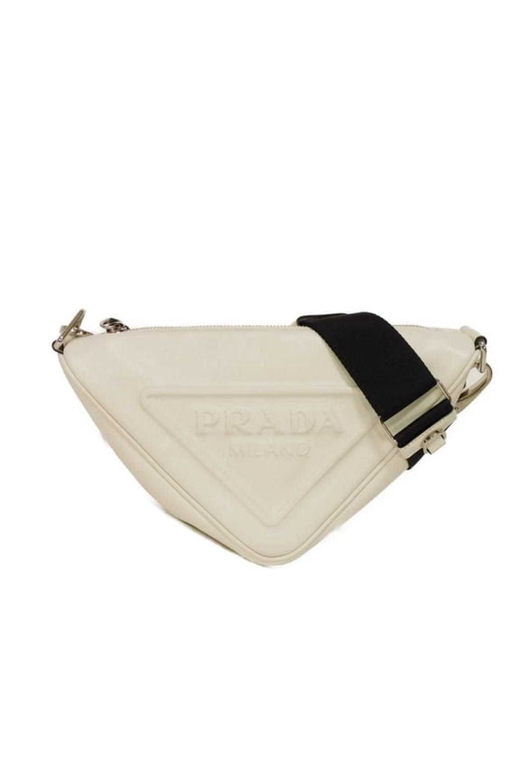 Pre-Owned Prada Triangle Leather Crossbody Shoulder Bag in White with RFID IC Chip Embossing,...