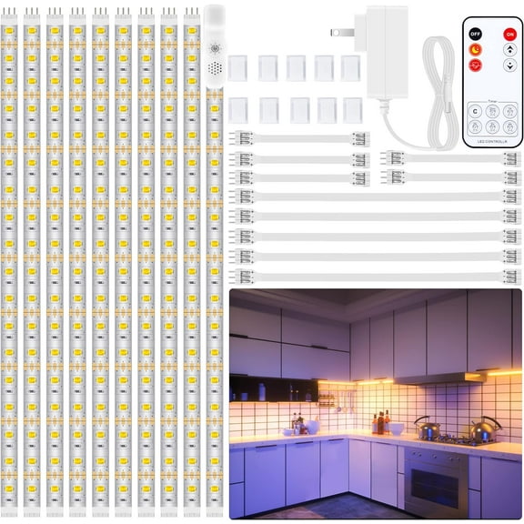 PANGTON VILLA 10PCS Under Cabinet LED Strip Lights Kit with Remote and Power Adapter, 2700K Warm White, 16.4ft
