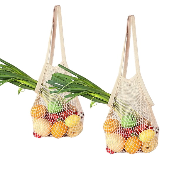 RUseeN 2 Pack Mesh Grocery Bags, Reusable Tote Bags with Sturdy Handle for Shopping and Storage Fruit Vegetable, Washable, Eco Friendly, Cotton String Net