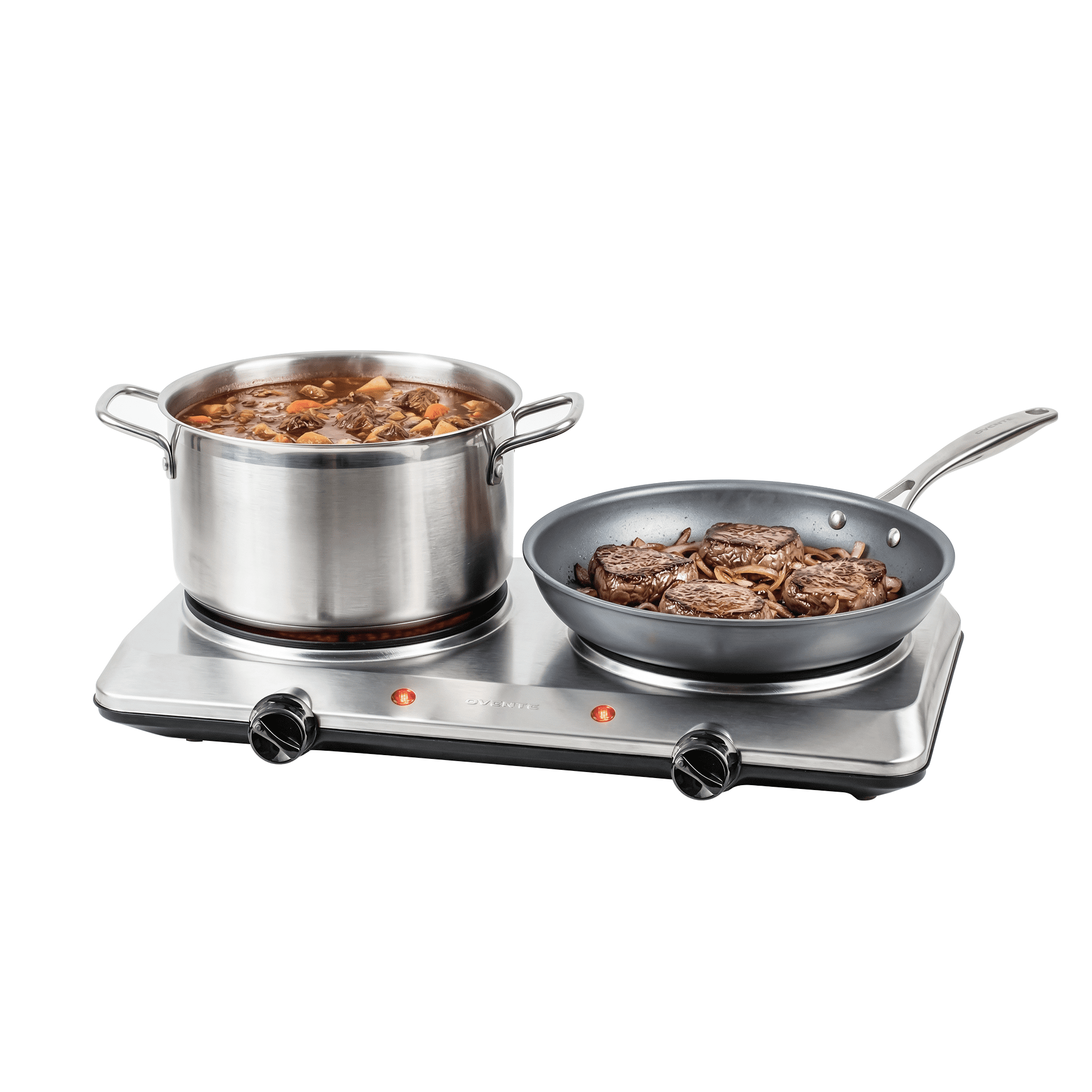 OVENTE Electric Infrared Double Burner, 6 Heat Levels, Silver BGI202S | 1500W Hot Plate w/ 7.5” Ceramic Glass Cooktop, Easy to Clean Stainless Steel Base, Compact Stove for Home, Dorm, Office