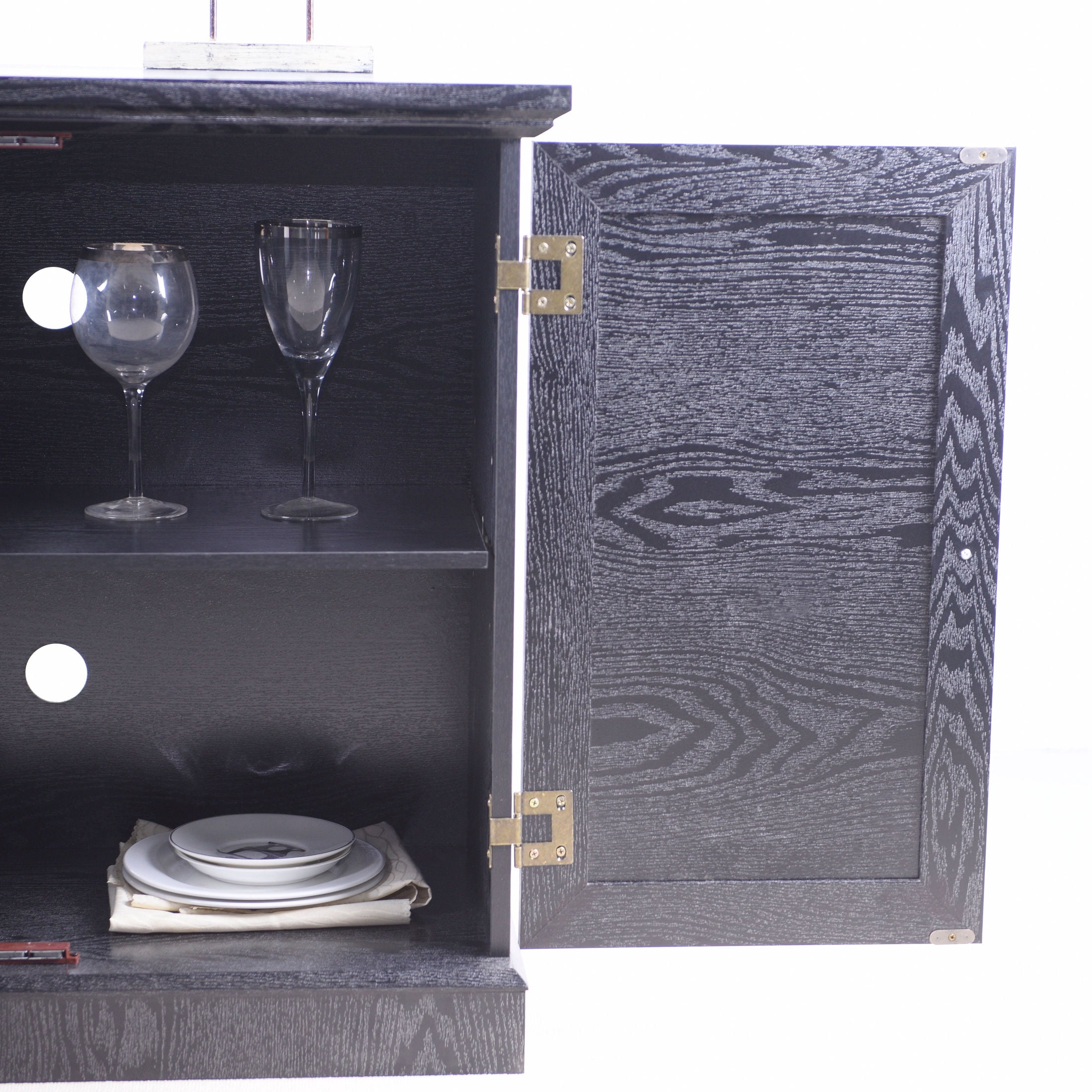 GDF Studio Janus 2-Door Acrylic Mirrored Sideboard Cabinet, Rustic Kitchen Storage Cupboard, Adjustable Shelf, Black Oak
