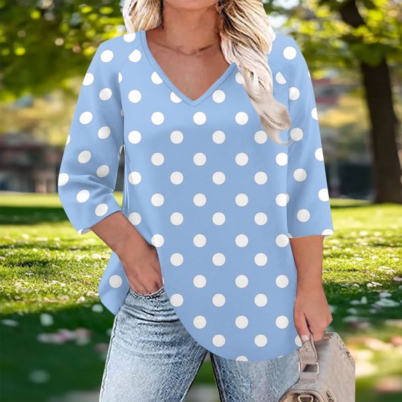 Zysthvn Polka Dot Womens Tops Summer 3/4 Sleeve Plus Size Tunic Casual T Shirts for Women Lightweight V-Neck Loose Fit