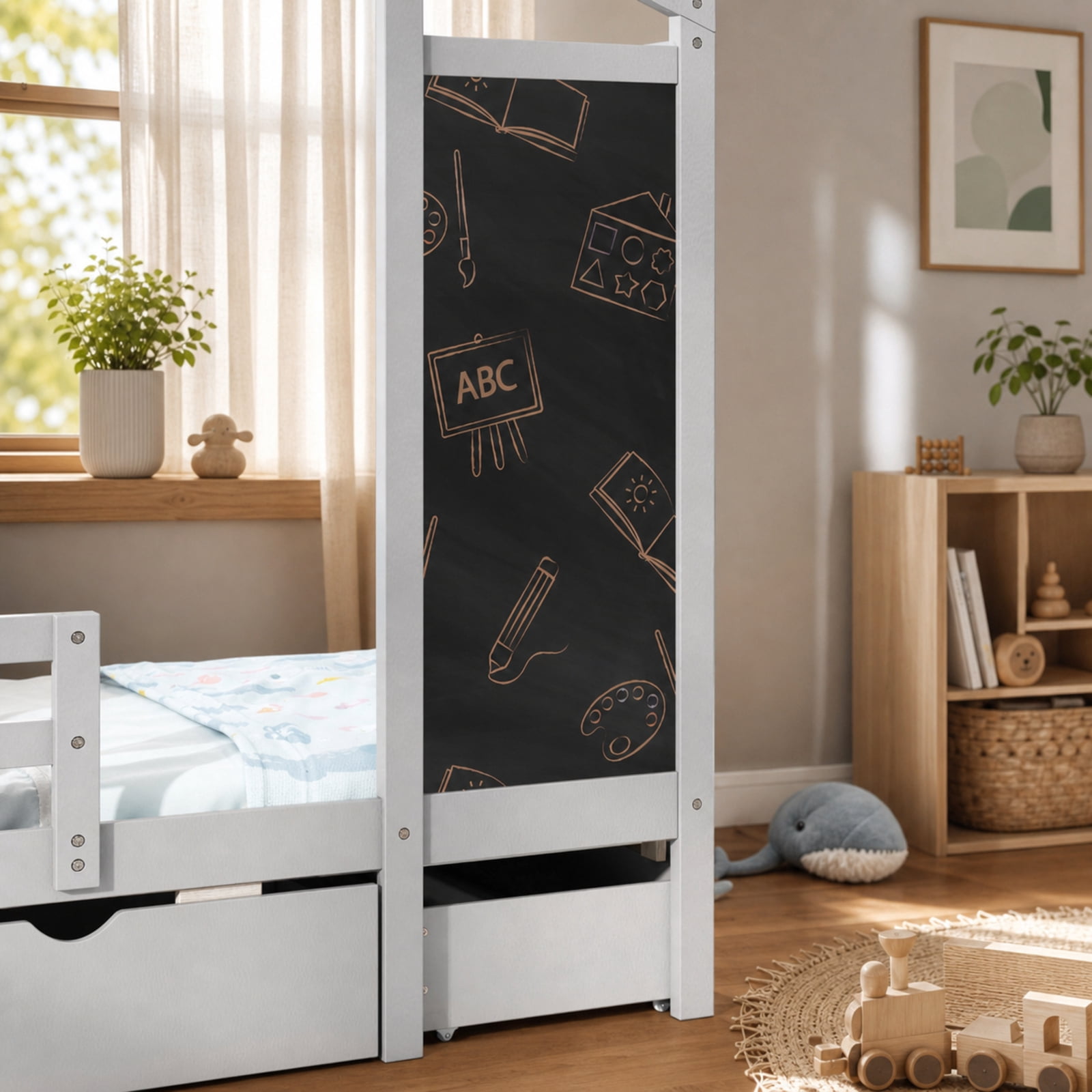 Furnibear Twin House Bed with Interactive Blackboard 2 Large Storage Drawers Rolling Casters Solid Pine Wood Frame and High Guardrails, Gray