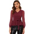 thumbnail image 1 of INSPIRE CHIC Top de malla de manga larga con cuello en V y dobladillo con volantes para mujer, elegante, con cinturón Rojo oscuro M, 1 of 4