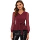 thumbnail image 1 of INSPIRE CHIC Top de malla de manga larga con cuello en V y dobladillo con volantes para mujer, elegante, con cinturón Rojo oscuro M, 1 of 4
