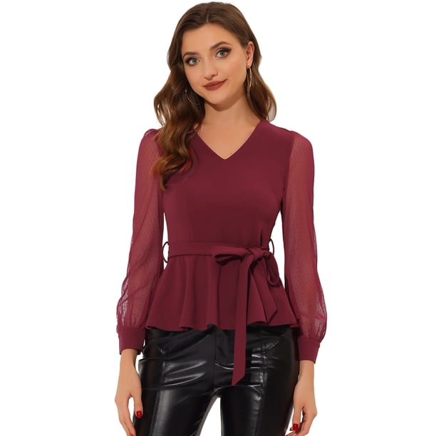 INSPIRE CHIC Top de malla de manga larga con cuello en V y dobladillo con volantes para mujer, elegante, con cinturón Rojo oscuro M