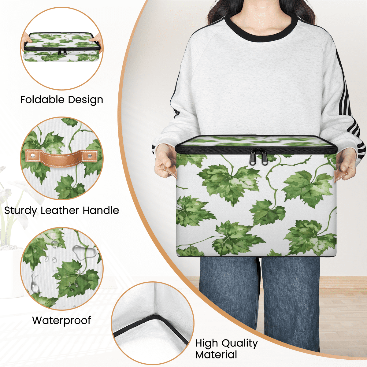 CURLYOOT Grapes Leaves Fabric Storage Bins with Lids, Watercolor Plant Leaves Foldable Storage Boxes Washable Storage Cube, Closet Bedroom Home Organizer Containers with PU Leather Handles