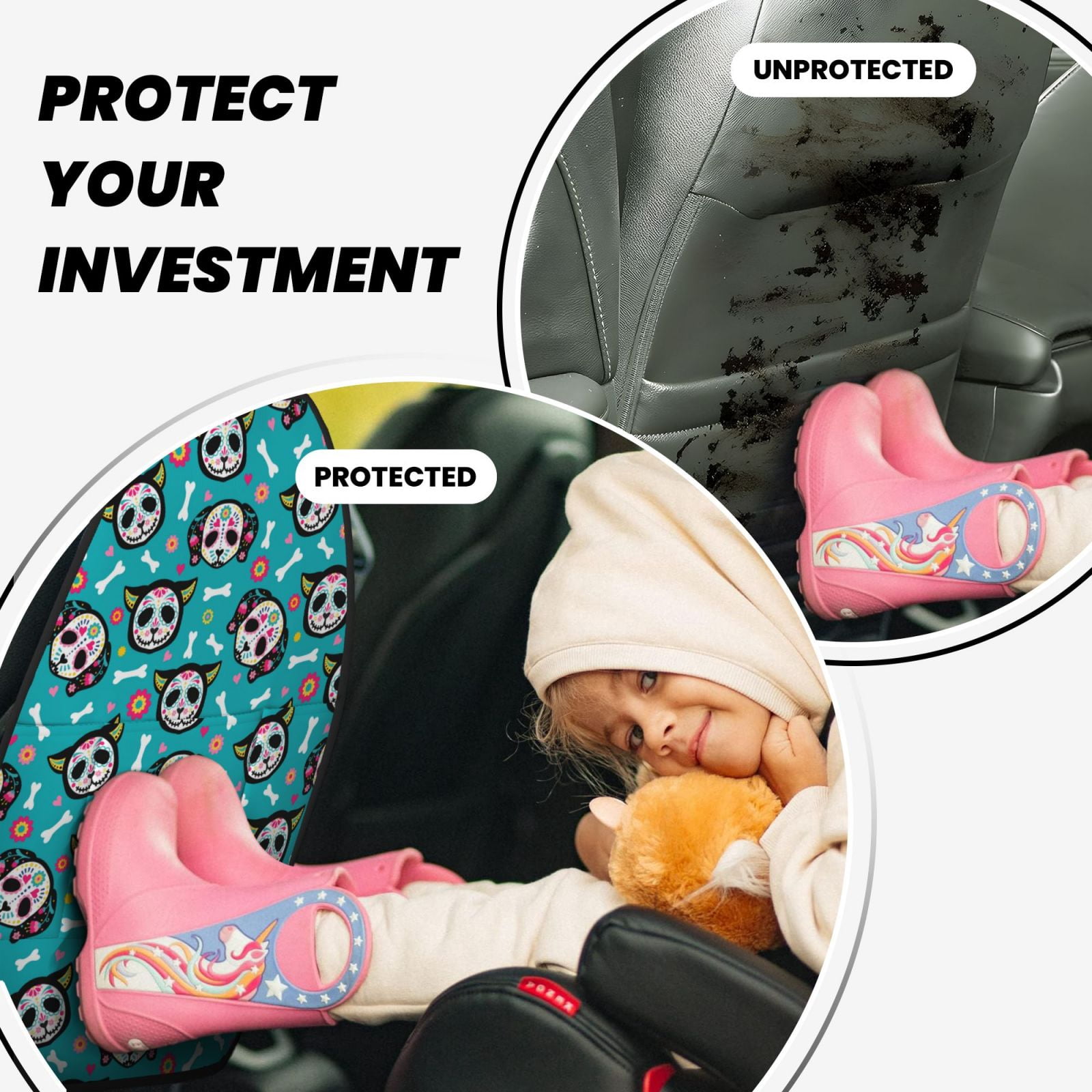 Kdxio Cartoon Dog And Cat Print 2 Pack Car Kick Mat Seat Cover Back Protector Mat with Pockets for Organizer Backseat Protector and Storage Anti Kick Pad for Vehicles
