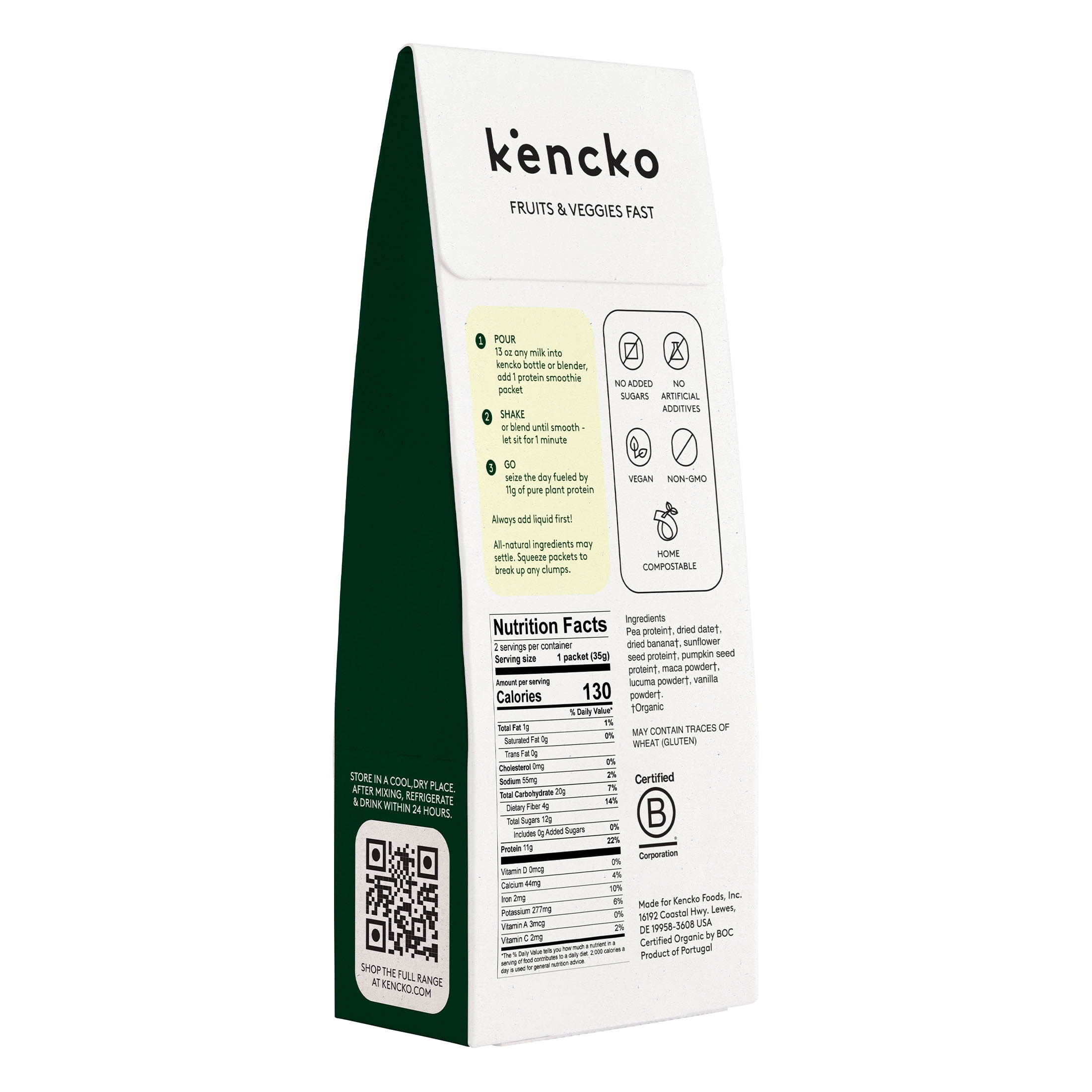 Kencko Vanilla Organic Instant Fruit & Veggie Protein Smoothie Two Pack, Powdered Drink Mix, 1.23 oz