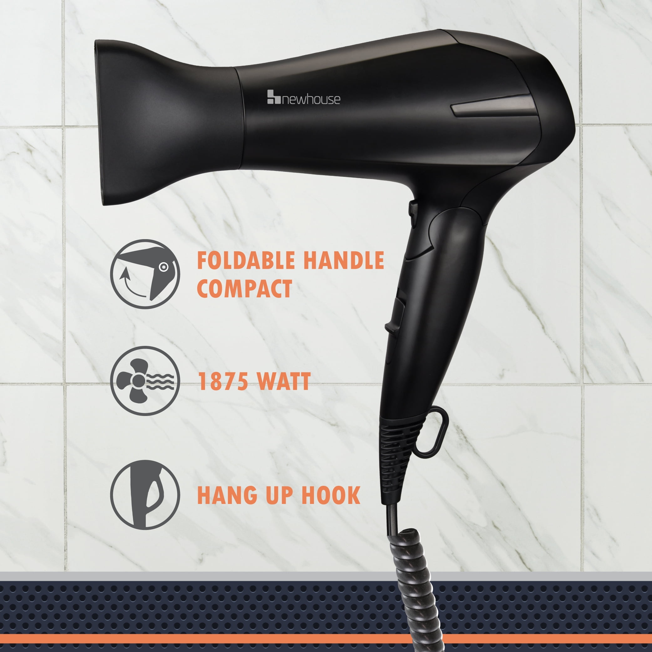 Newhouse 125V 1875-Watt Foldable Hair Dryer with Spiral Cord NHHD-001-FS, Compact Foldable Hair Blow Dryer, Low-Noise Ionic Hair Dryer, ETL Certified for Hospitality and Residential Use