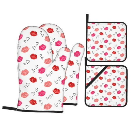 

Oven Mitts and Pot Holders Sets 4 pcs Red Lips 1 Non-Slip Oven Gloves Potholders Soft Quilted Lining Heat Resistant Gloves Hot Pads for Kitchen Cooking Baking