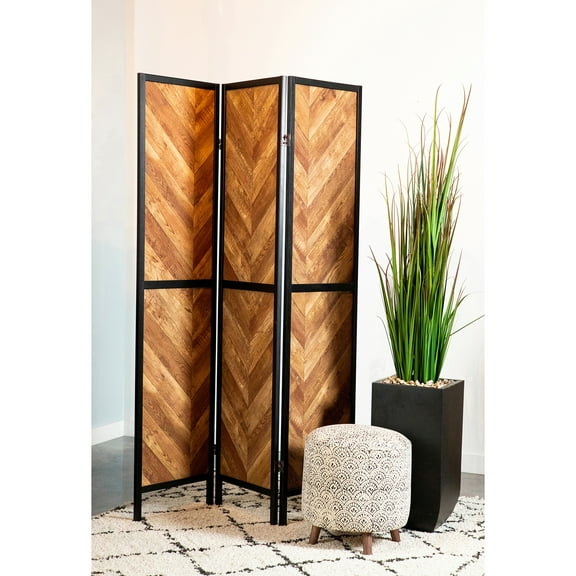 Marlene Herringbone Pattern 3-panel Screen Rustic Tobacco and Black