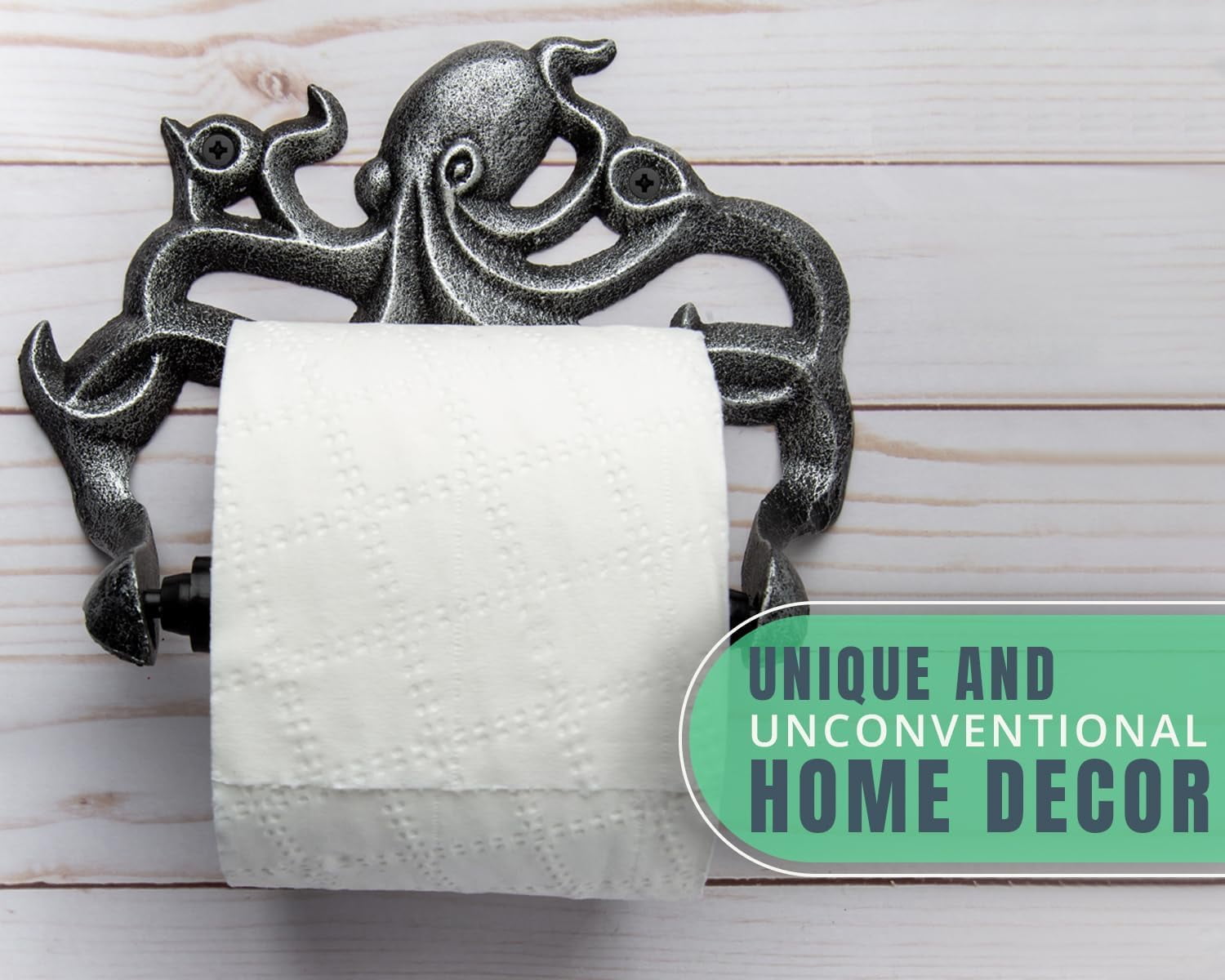 Comfify Cast Iron Octopus Toilet Paper Holder, Wall Mounted Nautical Bathroom Accessory with Screws, Silver/Black