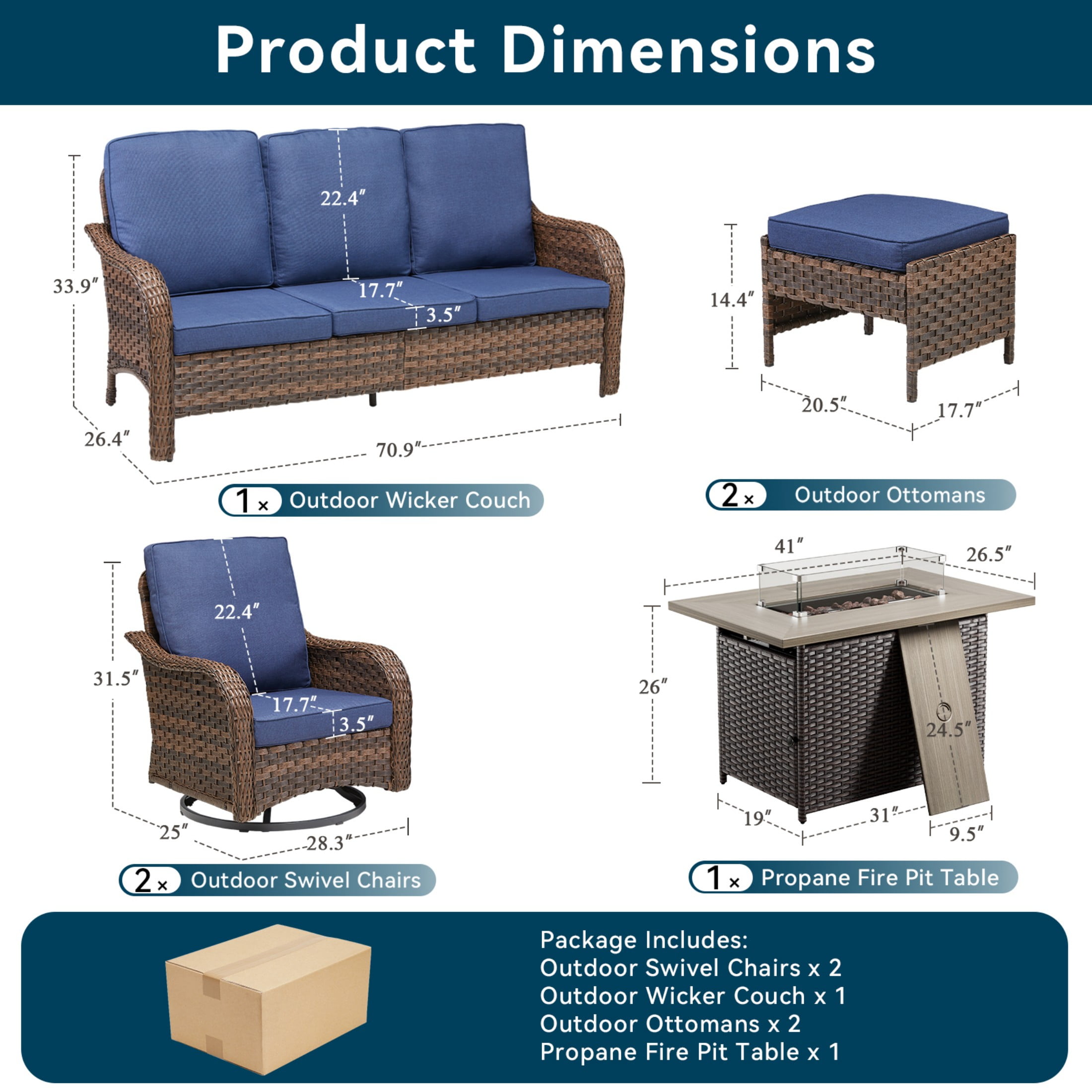 Unnifurnzi Patio Furniture Set with Fire Pit Table-6 Pieces All Weather Wicker Patio Furniture Outdoor Swivel Chairs with Outdoor Couch Outdoor Furniture for Porch Balcony Deck-Brown/Blue