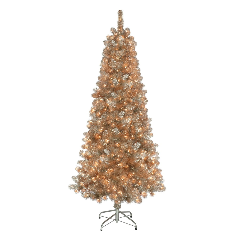 Puleo International 6.5 ft. PreLit Rose Gold Tinsel Artificial